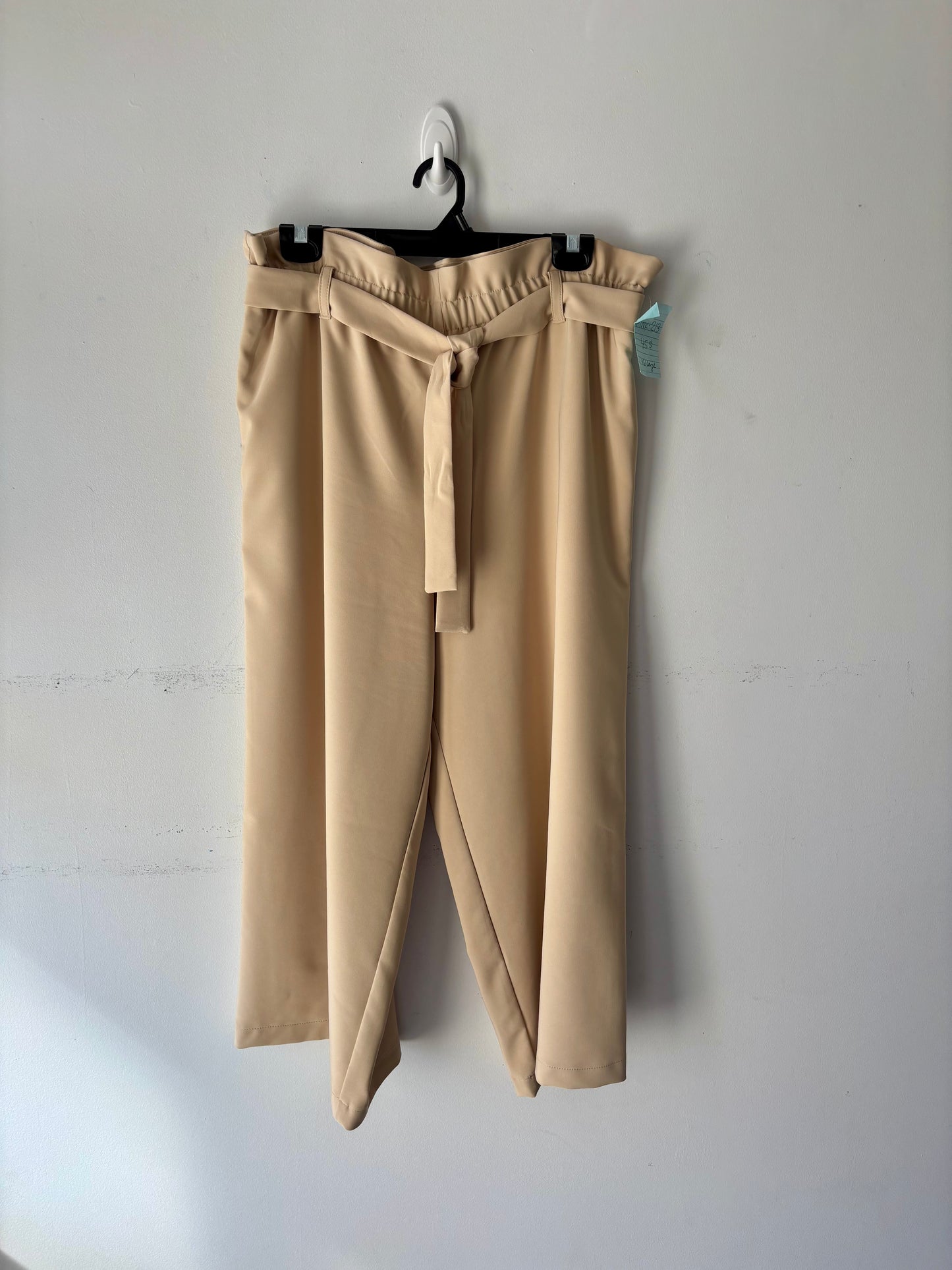 Pantalon paper bag beige, taille élastique, poche | PINK-578 (L fait M)