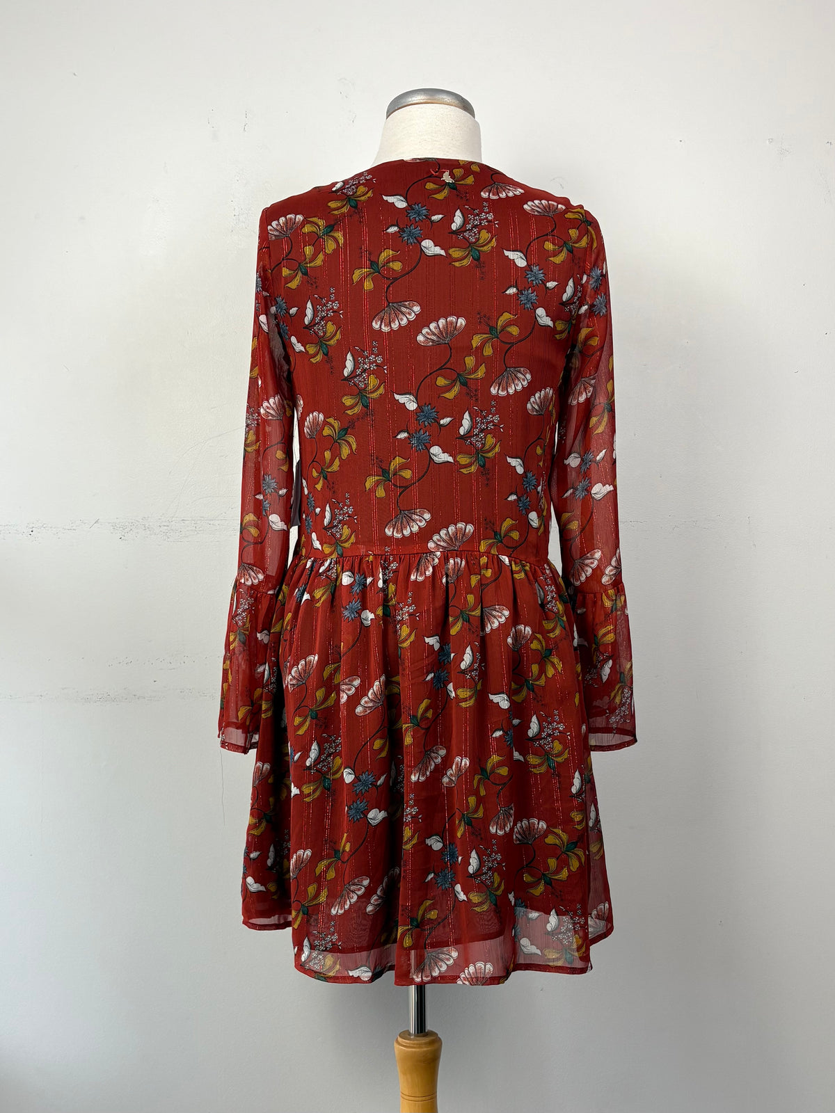 Robe fond rouille, fleurie ocre/blanc/vert/bleu | PINK-427 (S)