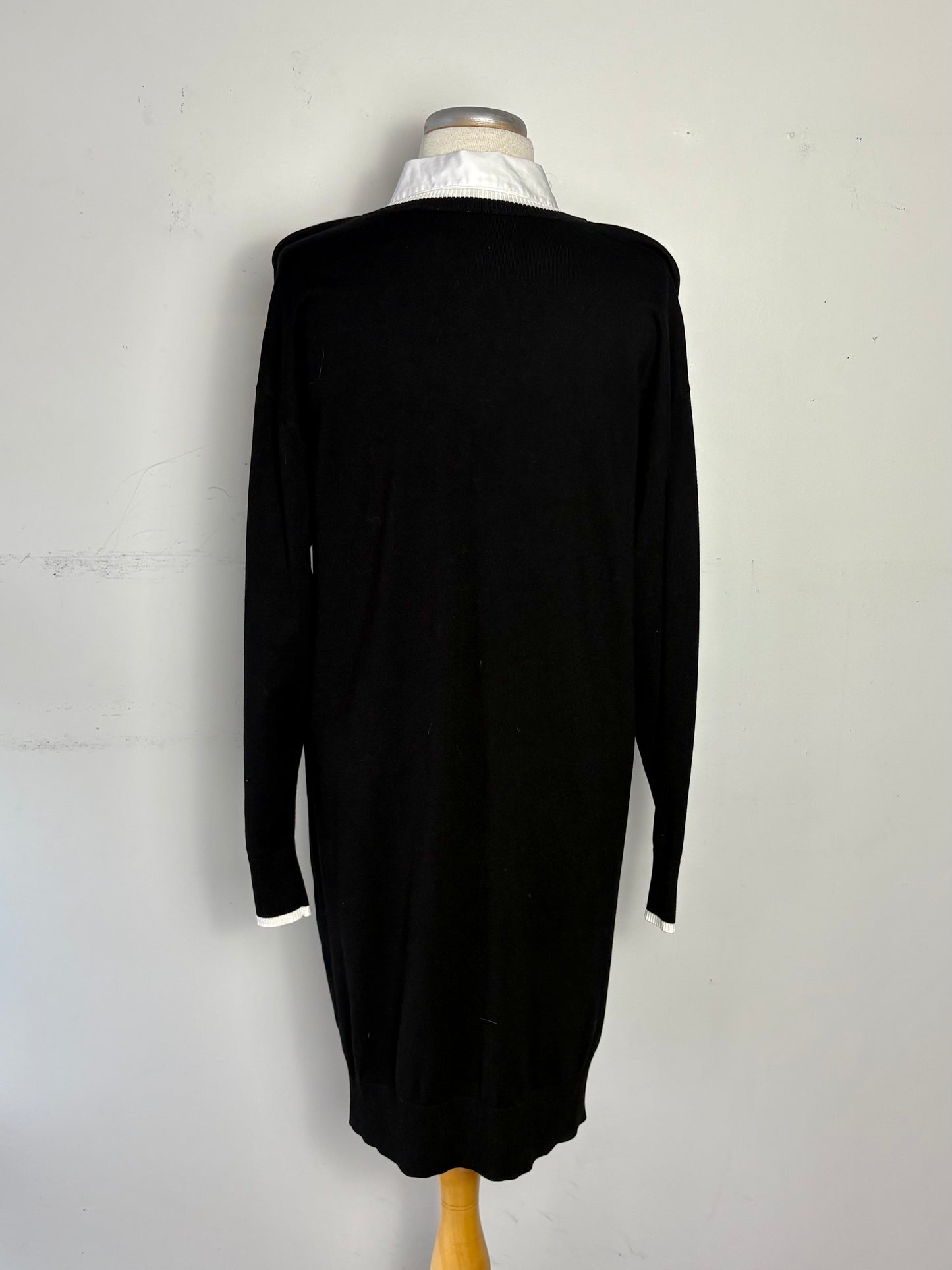 Robe noire tricot, col chemise, manche longue | ASIM-107 (XL)