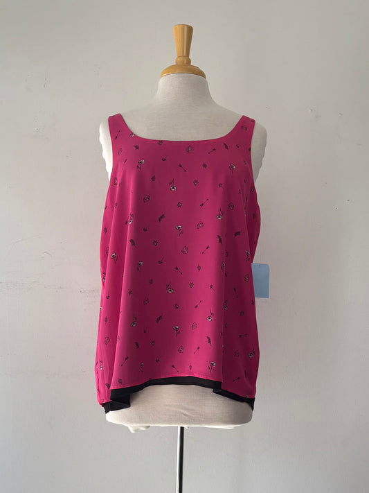 Camisole rose motif léger noir, encolure en V | PINK-594 (XL)