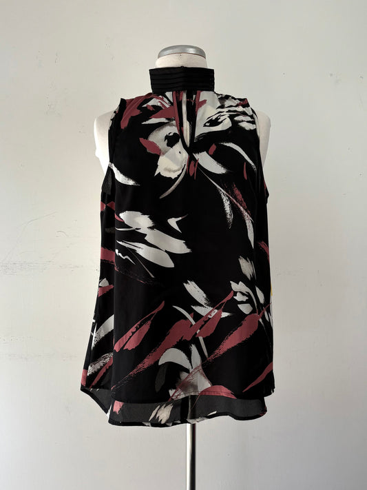 Haut fond noir, motif rose cendré/blanc, encolure en V, pas manche | MNDUH-67 (XS)