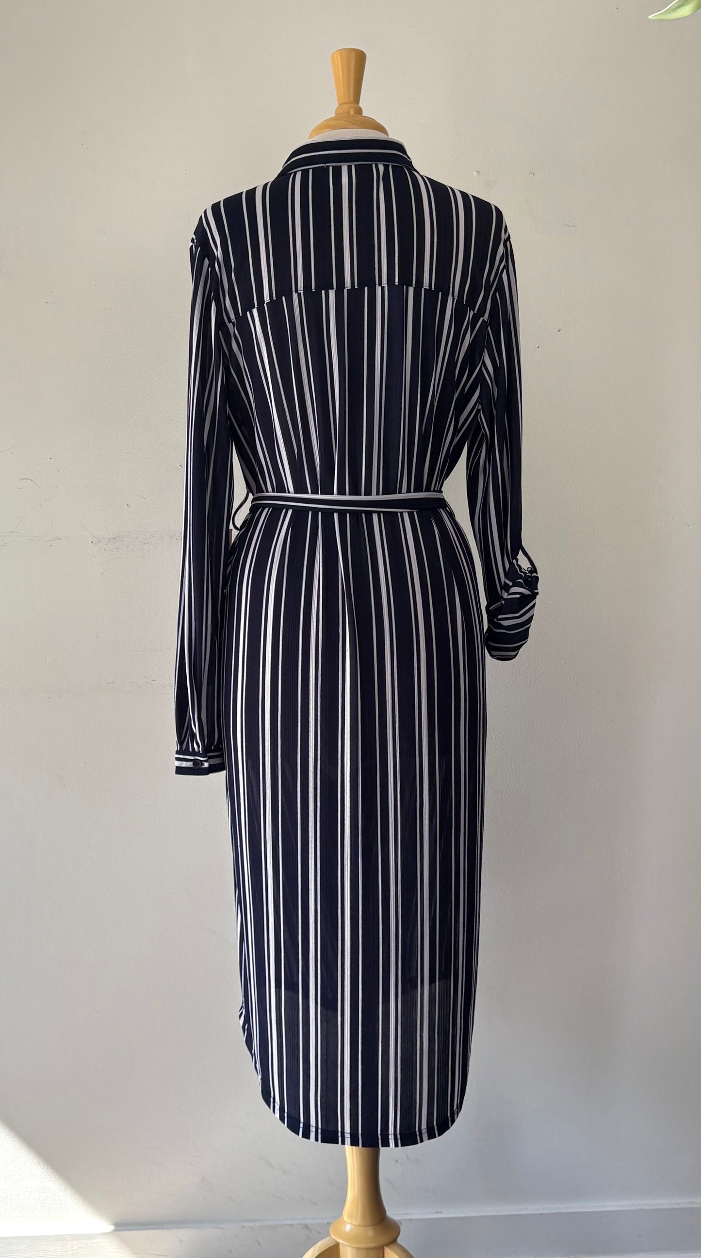 Robe chemisier marine rayée blanc, manche longue, ceinture, encolure en V | JBEA-10 (L)