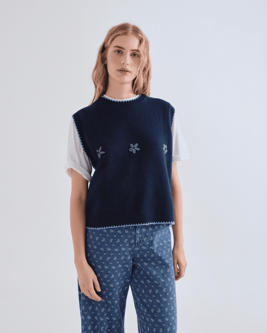 Débardeur marine Embro Compañía Fantástica à motifs floraux brodés, vue de face