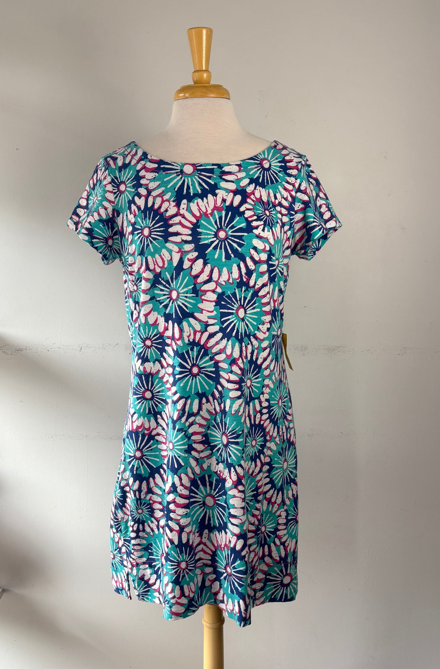Robe colorée bleu aqua, blanc, mauve, manche courte | NMAL-34 (L)