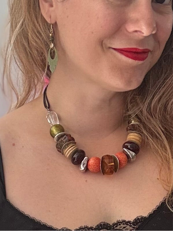 Collier billes orange/vert/ brun | ASTP-11