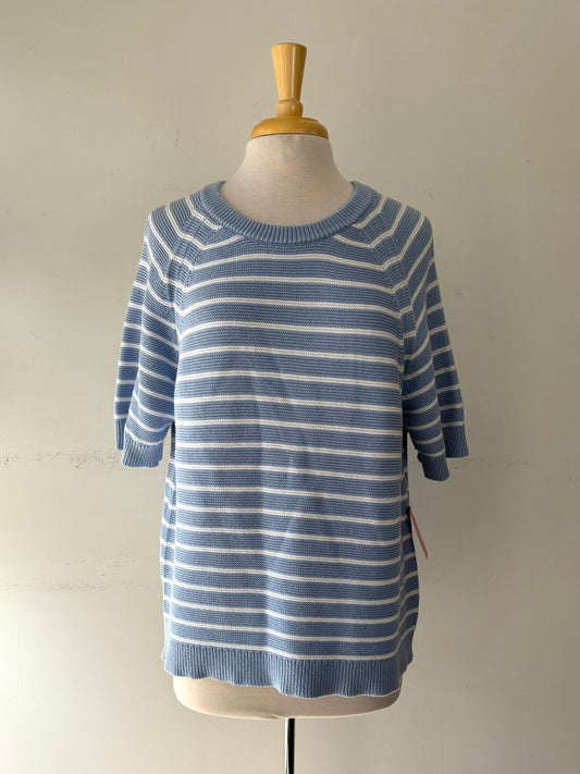 Chandail tricot rayé bleu pâle/blanc, encolure en rond, manche courte | ASIM-154 (XL)