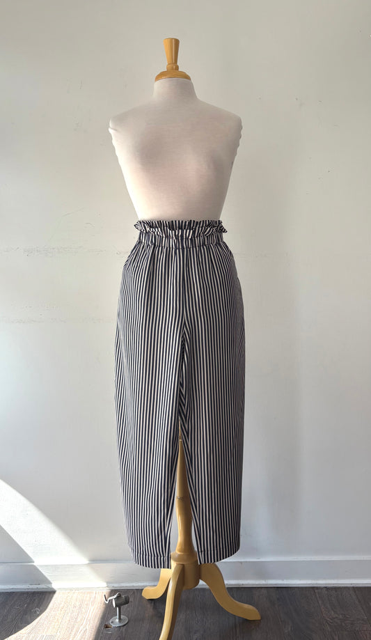 Pantalon paper bag rayé bleu et blanc, 7/8, poches | SBOU-21 (L)