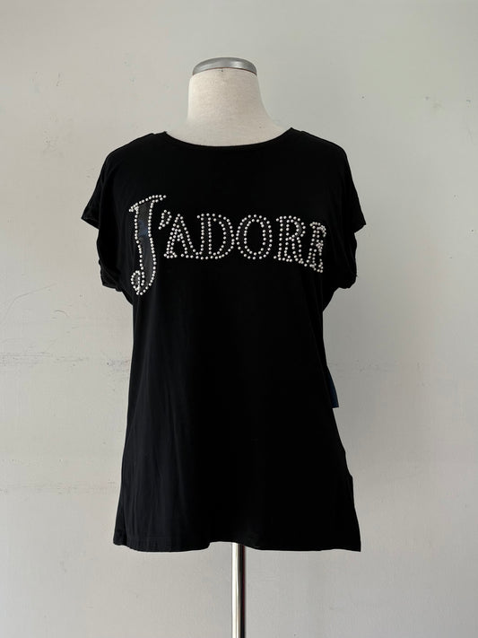 T-shirt noir inscription J'ADORE perlée blanc, pas manche encolure en rond | ABER-15 (M)