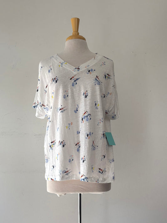 T-shirt fond blanc motif, manche courte, encolure en V , 100 % lin | ASIM-197 (42)