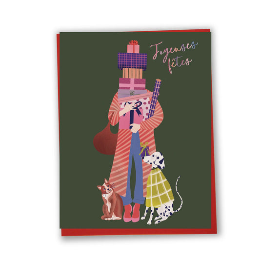 Carte Joyeuses Fêtes (Femme aux cadeaux)