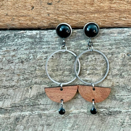 Boucle d'oreilles longues cabochons anneaux bois   | MF-795