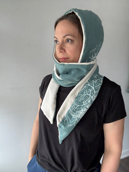 Tuque avec grand foulard vert et crème | GCAR-18
