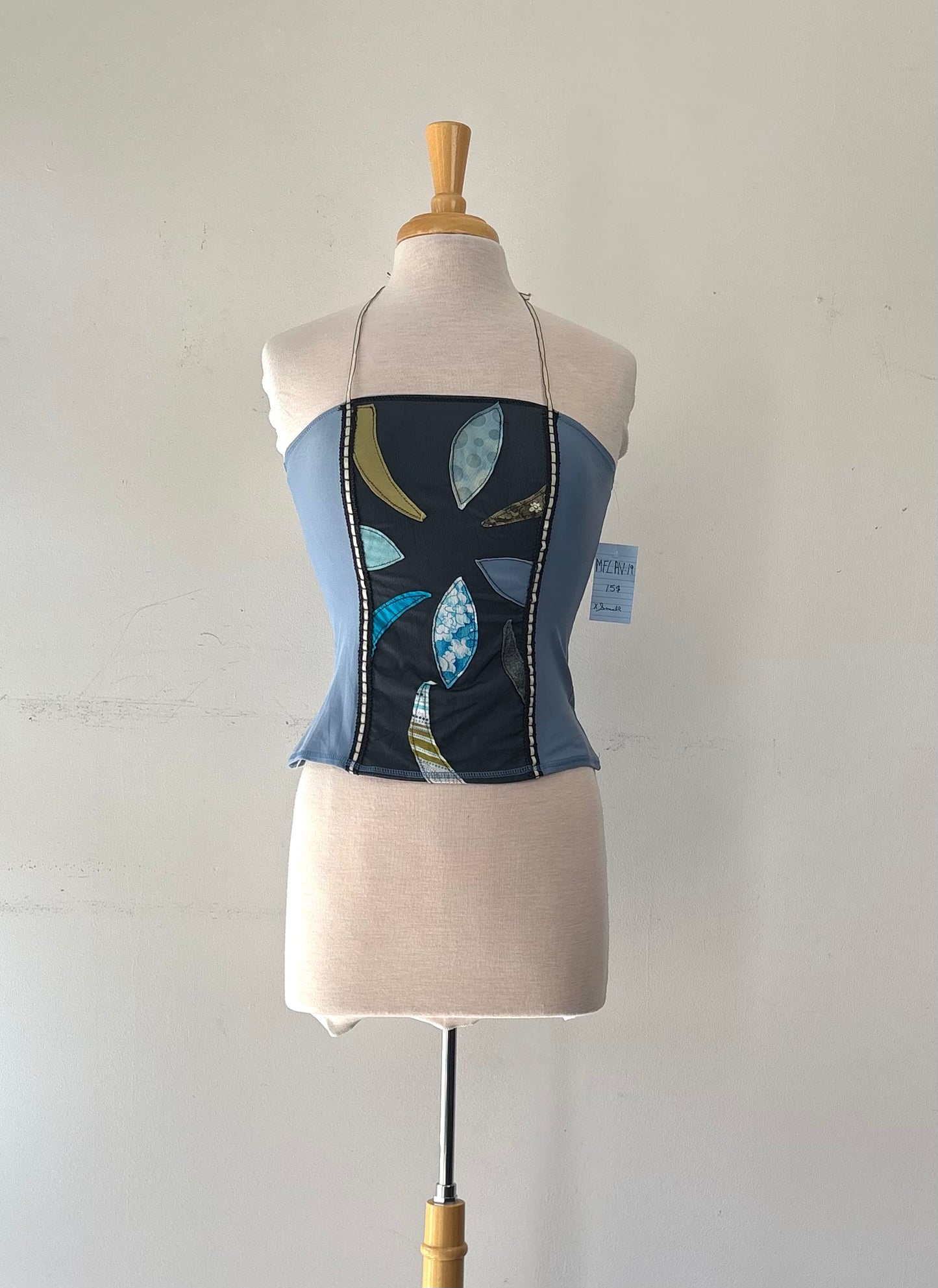Top bustier bleu, bande d'appliqué sur le devant, licou | MFLAV-19 (XS)