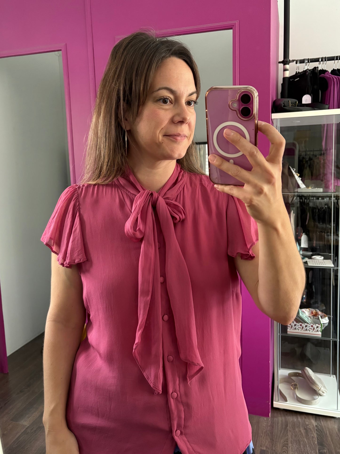 Blouse rose cendrée, boutons avant, petit volant manche | ANSIM-85 (L)