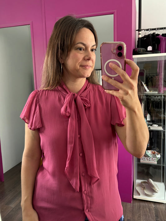 Blouse rose cendrée, boutons avant, petit volant manche | ANSIM-85 (L)