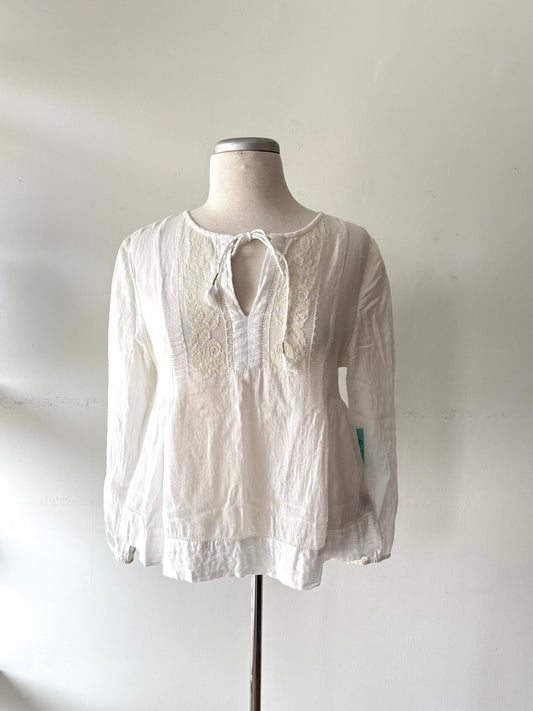 Haut coton blanc tissage jaune pâle manche et devant, manche longue | NMIL-83 (XS fait grand))