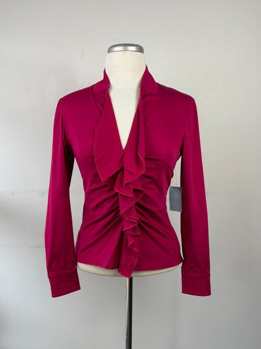 Blouse ajustée fuchsia, volant sur le devant, encolure en V manche longue | NMIL-77 (38)