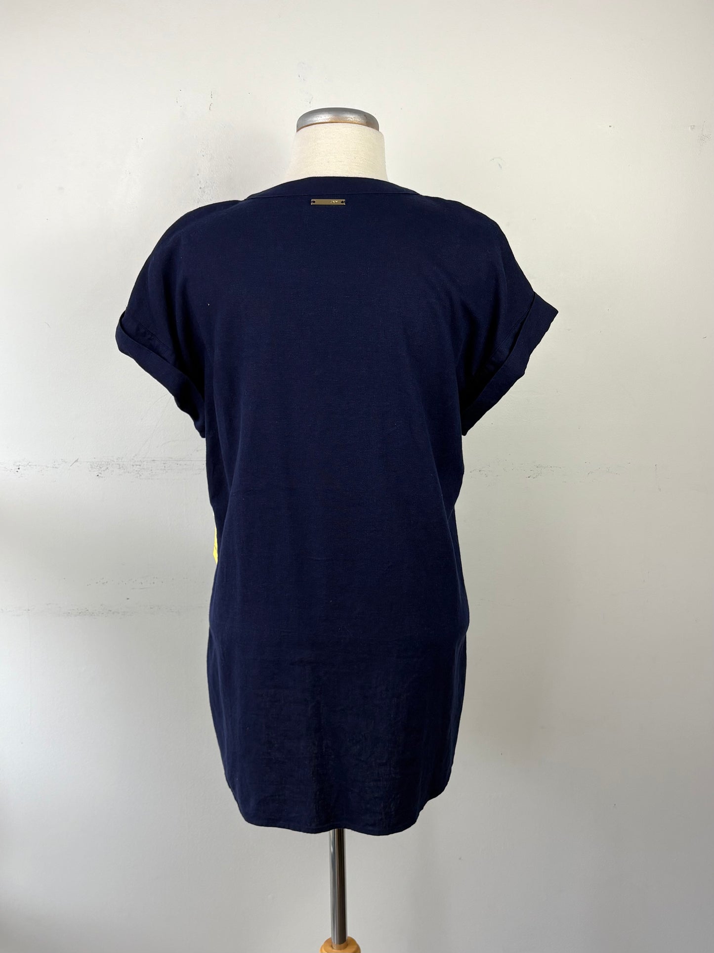 Haut tunique marine manches courtes poche sur le devant encolure en V | PINK-543 (S/M)