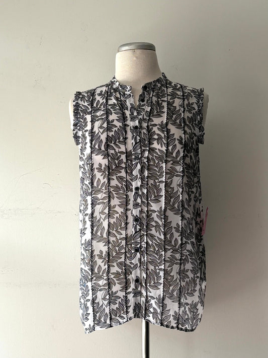 Haut blanc, motif noir, boutons, transparence, plus long au dos, pas manche | MNDUH-94 (L)