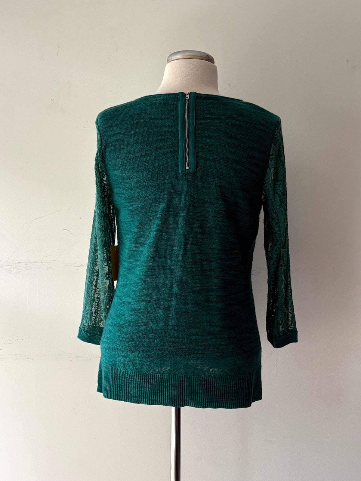 Chandail tricot teal, encolure en rond, fermeture éclair au dos, manche longue dentelle | CHEB-40 (M/L)