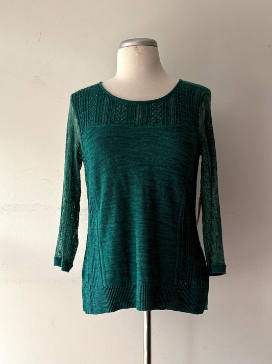 Chandail tricot teal, encolure en rond, fermeture éclair au dos, manche longue dentelle | CHEB-40 (M/L)