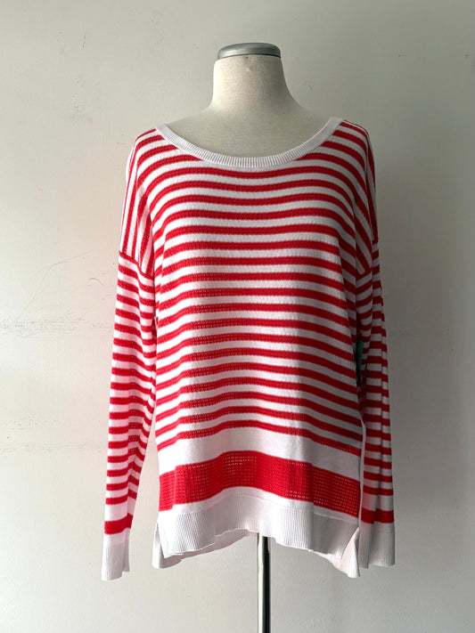 Pull tricot léger ligné blanc/orange, manche longue | PINK-523 (XL)
