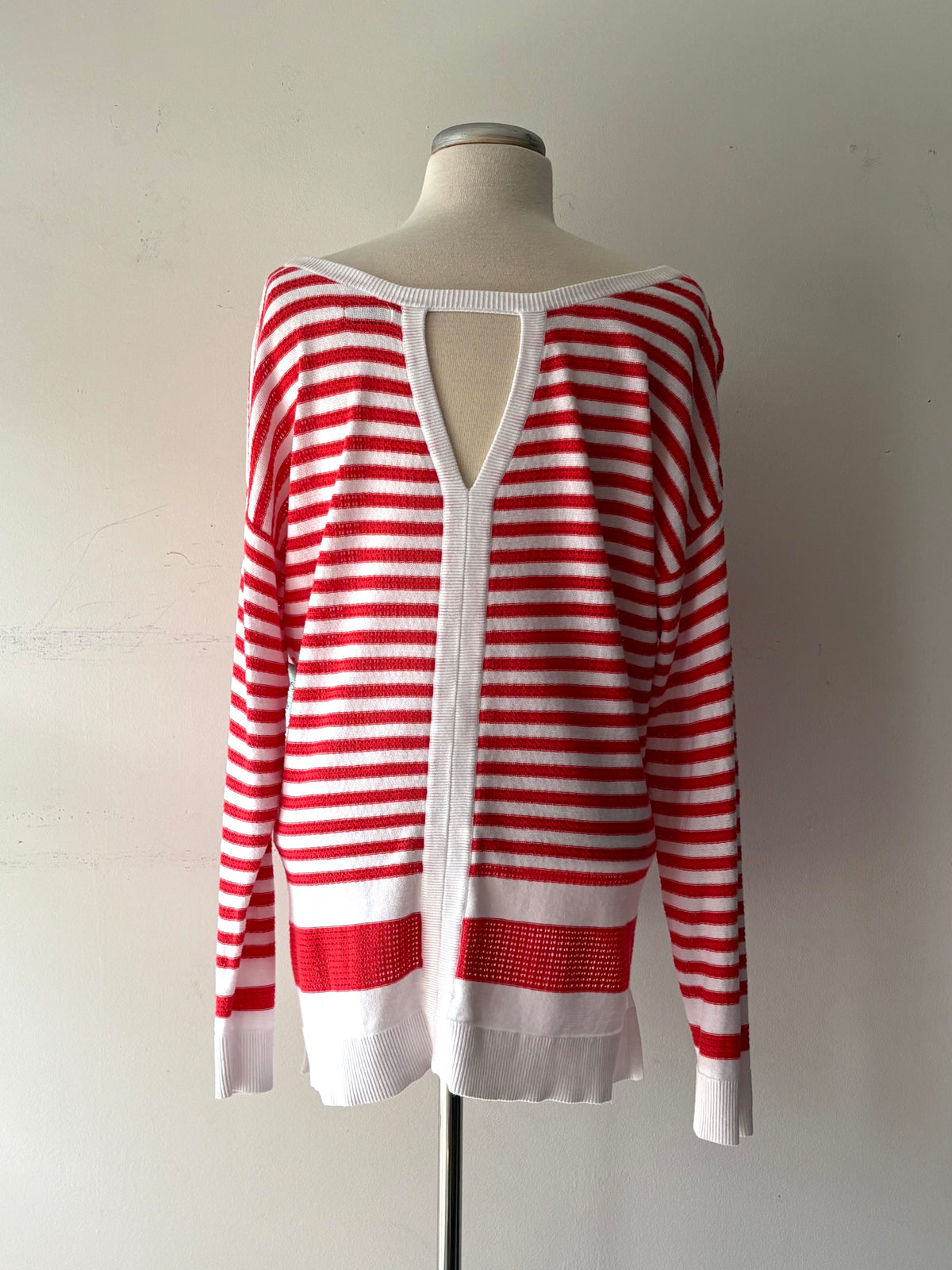 Pull tricot léger ligné blanc/orange, manche longue | PINK-523 (XL)