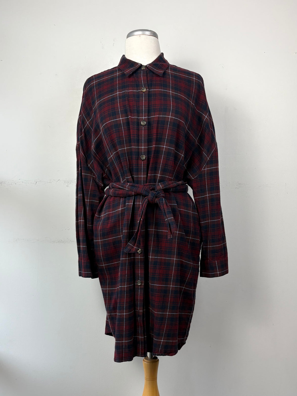 Robe flanelle carreaux rouge/marine/bleu, ceinture, manche longue | ASIM-257 (XL)