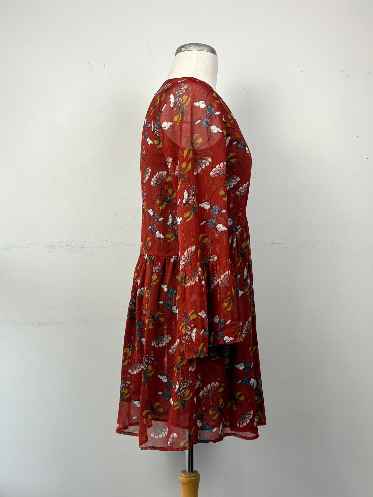 Robe fond rouille, fleurie ocre/blanc/vert/bleu | PINK-427 (S)