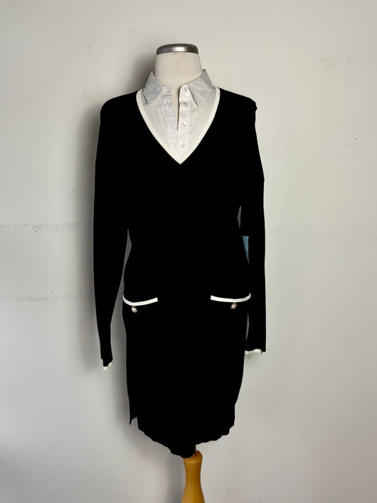 Robe noire tricot, col chemise, manche longue | ASIM-107 (XL)