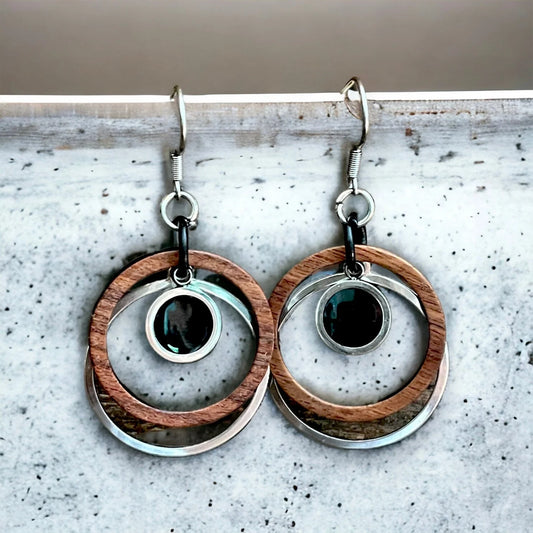 Boucle d'oreilles anneaux bois et inox | MF-415