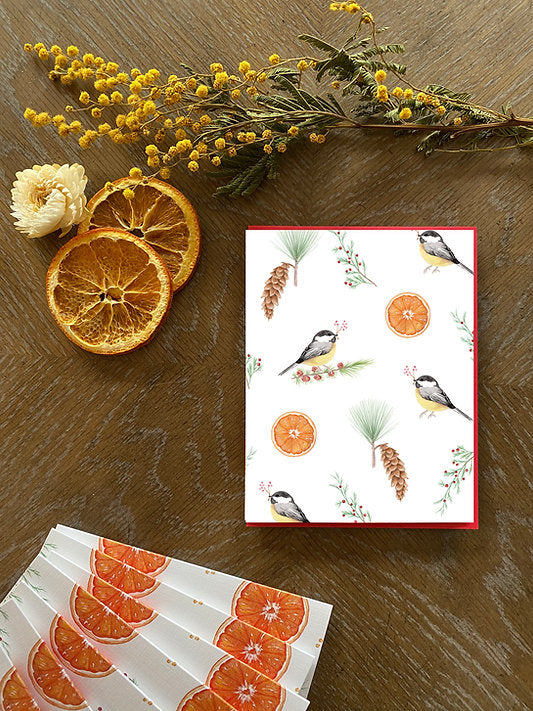 Carte Noël Mésanges et oranges